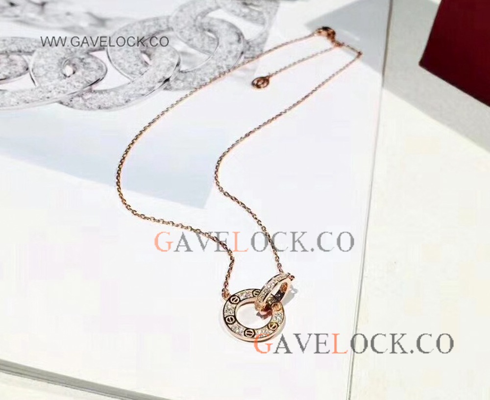 AAA Grade Replica Cartier Love Necklace Diamond-Paved Rose Gold